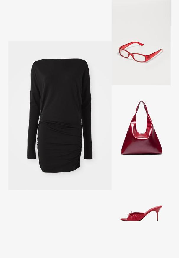 Rochie neagră cu mânecă lungă, realizată dintr-un material moale, cu un decolteu în formă de barcă și detalii cu pliu pe lateral, creând o siluetă ajustată.; Sandale roșii din piele, cu vârful deschis, design cu cute și pliuri, și o fundă decorativă. Prezintă un toc stiletto și un finisaj neted.; Ochelari de soare din plastic roșu cu ramă rectangulară, lentile transparente și brațe subțiri. Logo-ul mărcii "even&odd" este embosat pe templu.; Geantă din piele roșie lucioasă, cu o formă triangulară, deschidere largă în partea de sus și un singur mâner curbat. Textură netedă cu detalii minime de coasere.