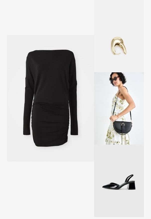 Juodas ilgas rankovės suknelė iš minkštos medžiagos, su plačia iškirpte ir surinkta šonine detaile, kuri sukuria aptemptą siluetą.; Juodos lakuotos odinės šlepetės su smailiu pirštu ir geometriniu bloko kulnu. Turi elegantišką, minimalistinį dizainą ir lygų paviršių.; Juodas odinis krepšys su išlenkta forma, nuimamu dirželiu ir auksiniais detalėmis. Krepšys turi kilpą su sagtimi.; Aukso tono metalinės auskarai su stilingu, kreiviu dizainu. Išsiskiria ryškiu smailiu pavidalu, poliruota paviršiumi ir užsegimu su vyriu.