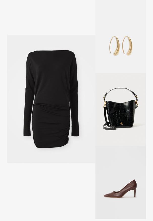 Fekete, hosszú ujjú ruha puha anyagból, csónaknyakkivágással és ráncolt oldali részlettel, ami karcsú sziluettet formál.; Barna bőr, hegyeses orrú magassarkú cipő, letisztult dizájnnal és mérsékelt stiletto sarokkal, sima textúrával és minimális díszítéssel.; Fekete krokodil bőrhatású táska ívelt formával, arany színű fémalkatrészekkel, állítható pánttal és logó részlettel elöl.; Aranyszínű fémből készült karika fülbevalók ívelt, hosszúkás formával. Simaságával és fényes felületével, valamint lekerekített végével további részletekkel bővül.