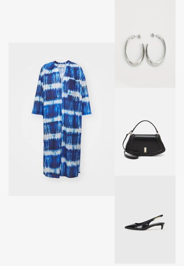 Niebiesko-biały kimono tie-dye, do kolan, z przednią kieszenią i szerokimi rękawami. Wykonane z lekkiego materiału o miękkiej fakturze.; Czarne skórzane szpilki typu slingback z ostrym noskiem, posiadające smukły obcas i złoty akcent na regulowanym pasku. Gładka tekstura.; Czarna skórzana torebka o strukturalnym designie, z przyciętą formą, górnym uchwytem i złotymi akcentami. W zestawie regulowany pasek na ramię.; Srebrne kolczyki-hoop o gładkim, zakrzywionym designie. Posiadają błyszczące metaliczne wykończenie i zapięcie na sztyft. Brak widocznych wzorów lub akcentów.