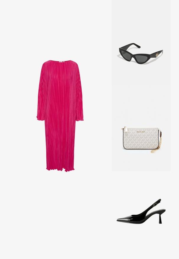 Rochie lungă, decolteu rotund, dintr-un material lejer, de culoare roz aprins, cu pliseuri verticale; are mâneci lungi și marginile de la mansete și tiv desfăcute.; Pantofi cu toc slingback din piele patent neagră, cu vârf ascuțit, laterale decupate, curea la gleznă ajustabilă și toc subțire, elegant.; Ochelari de soare tip cat-eye cu un cadru din plastic mat de culoare neagră, lentile întunecate și un accent de logo aurit pe tâmple. Design unghiular și textură netedă.; Clutch Michael Kors din canva acoperit bej, cu un model repetitiv al logo-ului MK, accesorii din aur și o curea cu lanț detașabil.
