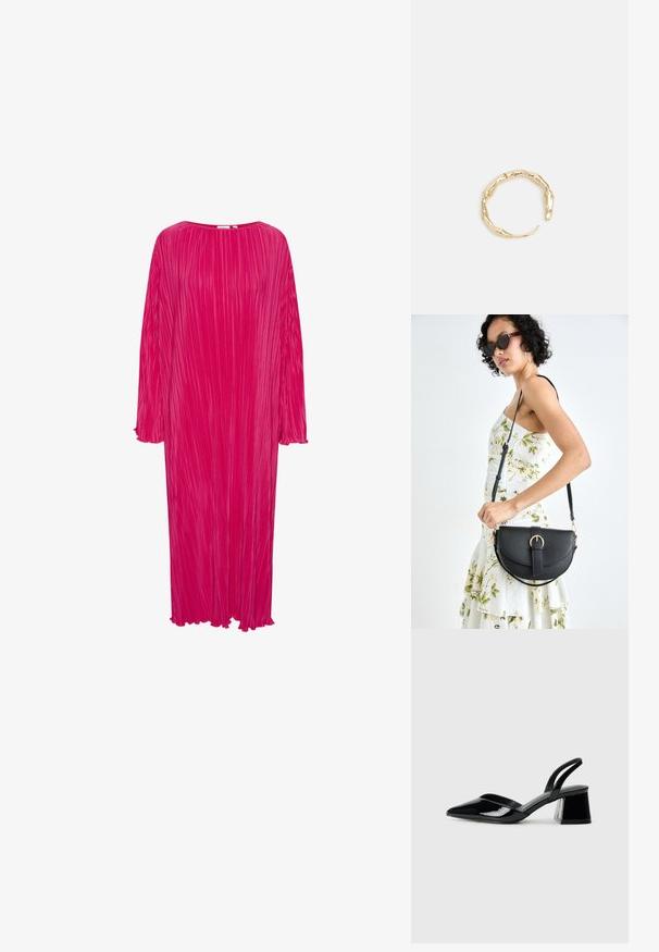 Dlhé, voľne strihané, jasne ružové šaty s vertikálnymi záhybmi, okrúhlym výstrihom a dlhými rukávmi; majú rozstrapkané manžety a okraje lemov.; Čierne lakované kožené sandálové podpätky s špicatou špičkou a geometrickým blokovým podpätkom. Disponujú elegantným, minimalistickým dizajnom a hladkým povrchom.; Čierna kožená kabelka s zaobleným tvarom, odnímateľným popruhom a zlatými doplnkami. Kabelka má klopu s detailom s prackou.; Prsteň v zlatej farbe s organickým, skrúteným dizajnom, hladkým povrchom a zužujúcimi sa koncami, vytvárajúci moderný, sochársky vzhľad.