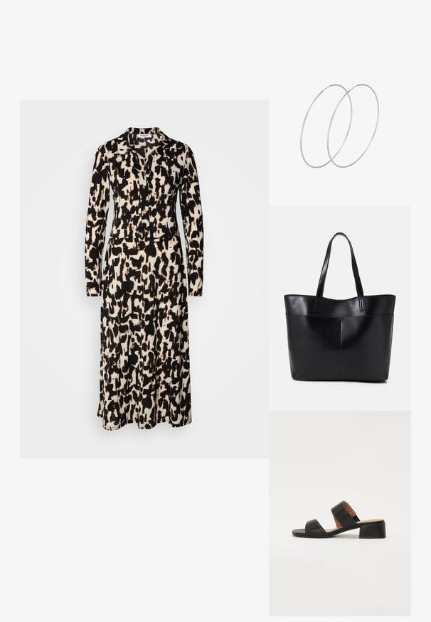 Ilgas rankovės suknelė juodos ir smėlinės abstrakčios raštos. Suknelė turi apykaklę ir mygtukus priekinėje dalyje, pagaminta iš lengvos medžiagos.; Juodas odinis šlepetės su dviem plačiomis dirželiais, einančiais per pėdą, kvadratine nosimi ir žemu blokiniu kulniuku. Glotni tekstūra ir minimalus dizainas.; Juoda odinė rankinė su dviem ilgais diržais, lygiu paviršiumi ir struktūrizuota forma. Yra priekinė kišenė papildomam saugojimui.; Sidabrinės pusmėnulio auskarai minimalistiniu dizainu. Apskritimo forma, lygus paviršius ir plonas profilis. Lengvi su poliruotu apdailu.