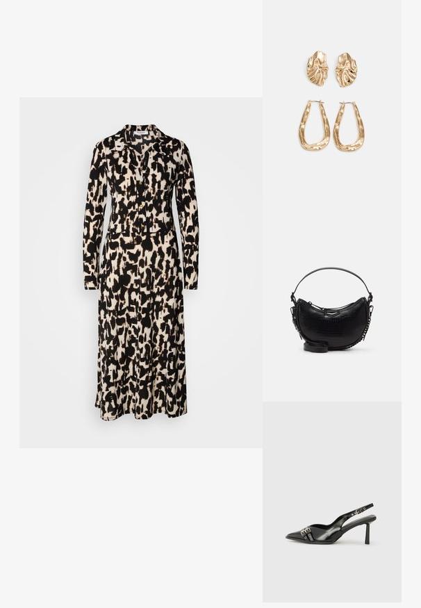 Rochie cu mâneci lungi, într-un model abstract de culoare neagră și bej. Are un guler la gât și nasturi pe față, fiind realizată dintr-un material ușor.; Pantofii slingback din piele lăcuită neagră, cu vârf ascuțit, bretele pentru gleznă cu catarame și accesorii din argint, și un toc subțire.; Geantă neagră din piele cu model croco, cu o formă curbată, curea de umăr detașabilă și un accent metalic elegant pe față.; Cercei aurii cu forme texturate și ondulate. Include studs sculpturale cu clip și un design de cerc deschis cu un finisaj cioplit.