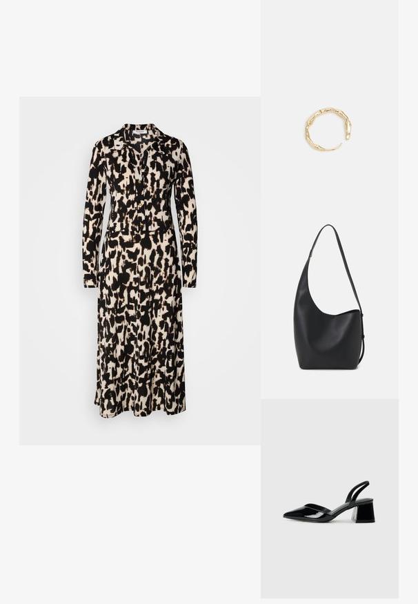 Långärmad klänning i ett svart och beige abstrakt mönster. Har en krage och knappar längs framsidan, tillverkad av lättviktsmaterial.; Svarta lackläder slingback klackar med spetsig tå och geometrisk klack. Har en elegant, minimalistisk design och slät yta.; Svart läder hobo-väska med en slät textur, kurvig form och en justerbar axelrem; har en bred öppning upptill.; Ring i guldutförande med en organisk, vriden design, slät yta och avsmalnande ändar, vilket ger ett modernt, skulpturalt utseende.