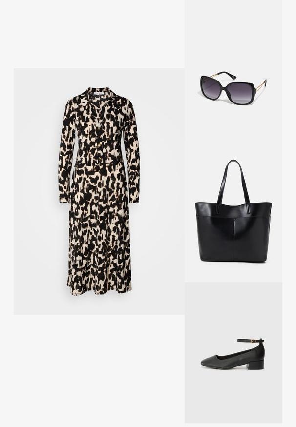 Dlouhé šaty s dlouhým rukávem v černobílém abstraktním vzoru. Mají límečkový výstřih a knoflíky na přední straně, vyrobené z lehké látky.; Černé kožené lodičky s špičatou špičkou a nízkým blokovým podpatkem. Obsahují pásek kolem kotníku se zlatou sponou. Hladký povrch.; Černé oversized sluneční brýle se gradientními skly, silnými rámy a zlatými řetízkovými detaily na nožičkách.; Černá kožená taška s dlouhými ušima, hladkým povrchem a strukturovaným tvarem. Obsahuje přední kapsu pro další úložný prostor.