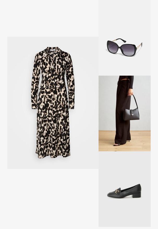 Ilgas rankovės suknelė juodos ir smėlinės abstrakčios raštos. Suknelė turi apykaklę ir mygtukus priekinėje dalyje, pagaminta iš lengvos medžiagos.; Juodi odiniai loaferiai su plokščiu kulnu, su dekoratyvia auksine detalės priekyje ir glotnia tekstūra.; Juodos didelės saulės akinių su pereinamais objektyvais, storomis rėmeliais ir auksinės spalvos grandinėmis ant šventyklų.; Juodas rankinė struktūrizuota forma, lygi tekstūra ir metalinis užsegimas. Suporuota su plačiomis juodomis kelnėmis ir atvirais bateliais ant medinių grindų.