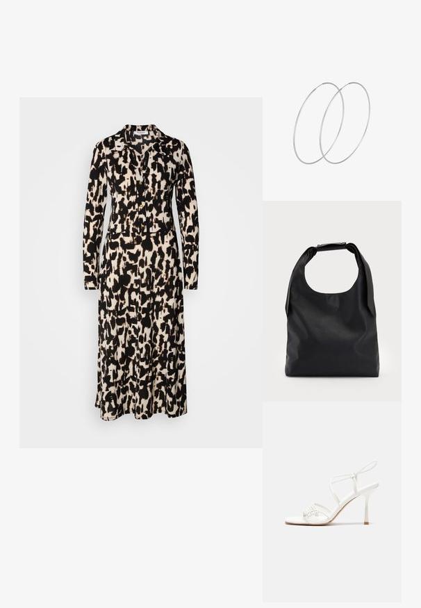 Abito a maniche lunghe con un motivo astratto in nero e beige. Presenta un collo con rever e bottoni lungo la parte anteriore, realizzato in tessuto leggero.; Sandalo alto con tacco bianco a strisce, con una base piatta per le dita, un frontale testurizzato con dettagli arricciati e una sottile cinghia alla caviglia.; Borsa hobo in pelle nera con un manico unico, morbido e arrotondato; presenta una texture liscia e un design minimalista. Nessun hardware o accenti visibili.; Orecchini a cerchio in argento con un design minimalista. Forma circolare, superficie liscia e profilo sottile. Leggeri con una finitura lucida.