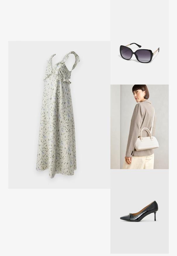 Virágmintás, világos bézs színű ruha zöld és kék mintákkal, fodros pántokkal és lágyan omló, bokáig érő szabással.; Fekete lakkbőr magassarkú cipő hegyes orral, díszes pánttal elöl, és vékony stiletto sarokkal.; Fekete, oversize napszemüveg fokozatos árnyalatú lencsékkel, vastag kerettel és arany színű lánc díszítéssel a szárakon.; Fehér, strukturált kézitáska rövid füllel és vállpánttal, arany színű fém kiegészítőkkel és texturált anyagból, szürke háttér előtt bemutatva.