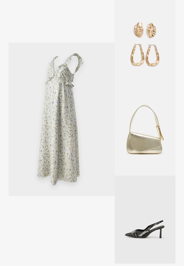 Vestido floral em tecido bege claro com padrões verdes e azuis, apresentando alças com franzido e um design fluido até ao tornozelo.; Sapato slingback preto em pele patentada com bico apontado, tiras no tornozelo apresentando fivelas e acessórios prateados, e um salto elegante.; Bolsa de mão metálica dourada com um design estruturado, textura suave e alça ajustável. Apresenta uma forma triangular única e costura minimalista.; Brincos em tom de ouro com formas onduladas e texturizadas. Inclui studs escultóricos com presilha e um design de argola aberta com um acabamento martelado.