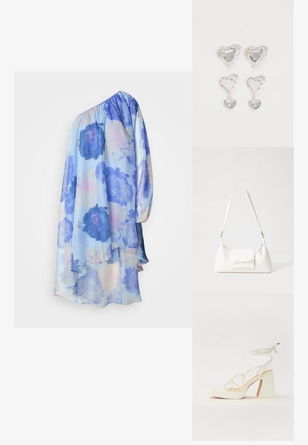 Ziedu kleita uz vienas pleca gaiši zilā krāsā ar lieliem ziliem ziediem. Mīksts, caurspīdīgs audums plūst ar slāņotu apakšmalu un garā piedurkne.; Baltas augstpapēžu sandales ar masīvu papēdi, ar siksnu dizainu un potītes saistītiem elementiem. Gluda tekstūra ar platformu priekšpusē, lai nodrošinātu papildu augstumu.; Balta sintētiska soma ar trīsstūrveida formu, plakanu priekšējo vāciņu un loku detaļu, regulējamu siksnu, gludu tekstūru un minimālistisku dizainu.; Sudraba sirds formas auskari ir rotāti ar daudzšķautņainiem caurspīdīgiem akmeņiem un ar teksturētu rāmi. Komplektā iekļauti gan pērlīšu, gan pilienu stili.