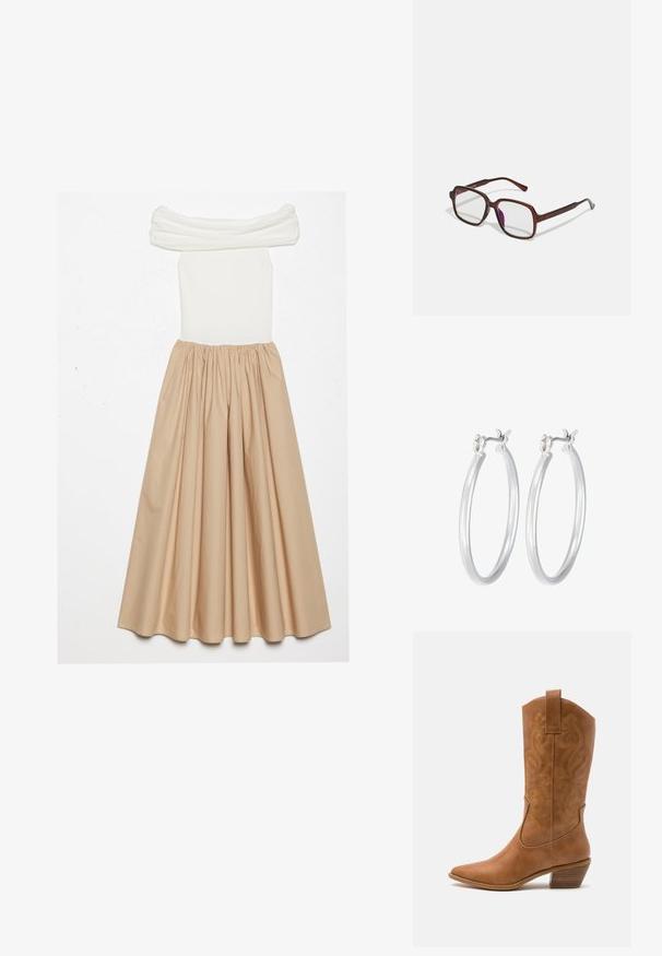 Šaty bez ramínek s přiléhavým bílým žebrovaným živůtkem a splývavou béžovou sukní, staženou v pase pro objemnou siluetu.; Hnědé kožené kovbojské boty s špičatou špičkou, vyšívanými spirálovými vzory na štítech a s blokovým podpatkem. Obsahují poutko pro snadné obouvání.; Hnědé, obdélníkové brýle s průhlednými skly a fialovými odstíny. Hladký plastový rám s rovnými nohami a jemnými akcenty.; Stříbrné kruhové náušnice s hladkým, lesklým povrchem. Kulatý tvar a bezpečné zapínání na klip. Lehký design vhodný pro každodenní nošení.