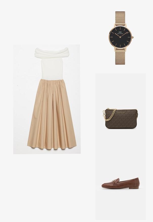 Oficialiai nusiimama suknelė su prigludusia balta raštuota viršutine dalimi ir skaidriu smėlio spalvos sijonu, surinktu ties liemeniu, kad sukurtų apimties siluetą.; Rudos odinės loaferių bateliai su plokščiu padu, siūtu dizainu ir auksinės spalvos sagtimi ant juostos per vampą.; Ruda odinė per petį nešiojama rankinė su logotipu, auksinės spalvos grandinėlė, užtrauktuko uždarymas ir auksinės spalvos detalės. Kompaktiška ir stačiakampio formos.; Auksinė tinklelio juosta laikrodžiui iš Daniel Wellington, su apvaliu juodu ciferblatu, auksiniais valandų žymekliais ir logotipu 12 valandą. Paprastas, elegantiškas dizainas.