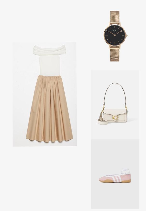 Off-shoulder klänning med en åtsittande vit ribbad överdel och en flytande beige kjol, insamlad vid midjan för en voluminös siluett.; adidas Originals TAEKWONDO MEI BALLET - Sneakers - clear pink/ftwr white/gum; Krämfärgad läderhandväska med en strukturerad design, kontrasterande svarta kanter, guldfärgade detaljer och ett avtagbart band med en signaturlogotyp.; Guldmesharmbandsur från Daniel Wellington med en rund svart urtavla, guld timmarkörer och logotyp vid 12-tiden. Enkelt, elegant design.