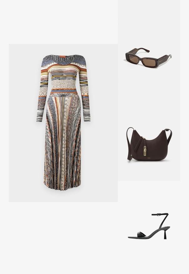 Šaty s dlouhým rukávem a kulatým výstřihem, skládající se z pravidelných skladeb a v pestrých abstraktních vodorovných a svislých pruhovaných vzorech v odstínech oranžové, modré, béžové a černé.; Bershka Sandály na vysokém podpatku - black; Sluneční brýle Gucci s obdélníkovými hnědými skly, rámem z akrylu v želvovinovém designu a zlatým logem na nožičkách.; Furla GOCCIA SHOULDER BAG - Taška s příčným popruhem - cioccolato