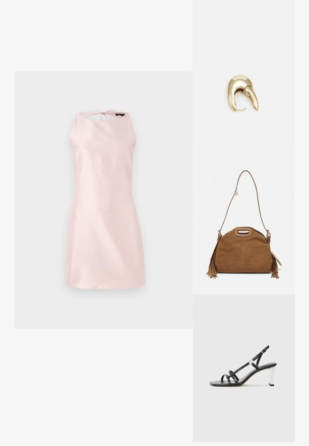 Bezrukávové šaty z jemnej ružovej textílie s hladkou textúrou, s uzatváraním na mašľu na chrbte a jednoduchým strihom A.; Čierne sandále na vysokom opätku s viacerými úzkymi popruhmi, dizajnom so slingbackom a so strieborným akcentom na opätku. Hladký vrchný materiál a štvorcový opätok.; Maje Taška cez plece - camel; Náušnice z kovu v zlatej farbe s elegantným, zakriveným dizajnom. Majú charakteristický špicatý tvar, leštený povrch a uzáver na pánt.