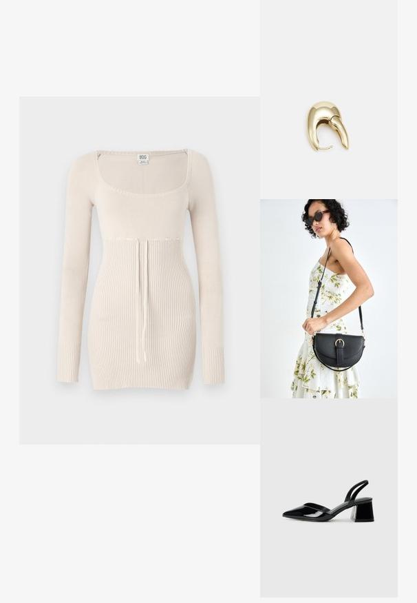 Béžový pletený sveter s dlhým rukávom a štvorcovým výstrihom, rebrovanou textúrou, detalmi na stiahnutie v oblasti pásu a priliehavým strihom.; Čierne lakované kožené sandálové podpätky s špicatou špičkou a geometrickým blokovým podpätkom. Disponujú elegantným, minimalistickým dizajnom a hladkým povrchom.; Čierna kožená kabelka s zaobleným tvarom, odnímateľným popruhom a zlatými doplnkami. Kabelka má klopu s detailom s prackou.; Náušnice z kovu v zlatej farbe s elegantným, zakriveným dizajnom. Majú charakteristický špicatý tvar, leštený povrch a uzáver na pánt.