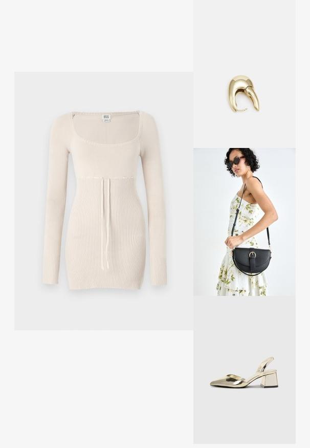 Beige Pullover mit langen Ärmeln, quadratischem Ausschnitt, gerippter Textur, Kordelzugdetails an der Taille und figurbetontem Schnitt.; Goldene, metallische Slingback-Absätze mit spitzem Zeh und dicker Ferse. Glatte Textur, minimalistisches Design und ein schmaler Riemen.; Schwarze Lederhandtasche mit geschwungener Form, abnehmbarem Tragegurt und goldenen Beschlägen. Die Tasche verfügt über einen Deckel mit einer Schnallen-Details.; Ohrringe aus goldfarbenem Metall mit einem schlanken, geschwungenen Design. Sie verfügen über eine markante, spitze Form, eine polierte Oberfläche und einen Scharnierverschluss.