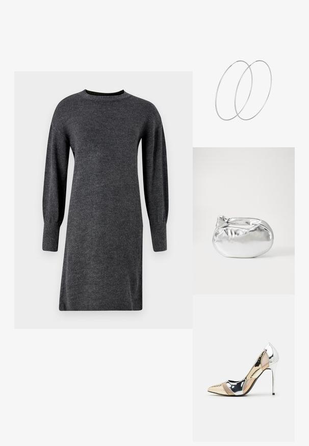 Tamsiai pilkas megztas suknelė su ilgomis pūstomis rankovėmis, apvaliu iškirpimu ir banguotais rankogaliais. Paprastas dizainas su tiesia siluetu.; Aštrus pirštas aukštakulnis batelis su sidabro, aukso ir nuogų spalvų deriniu. Blizgus paviršius su išpjovos dizainu, su stiletto kulnu.; Sidabrinė metalinė maišelio forma su švelnia, apvalia forma ir mazgu užveriamu viršumi. Pagaminta iš lygios dirbtinės odos medžiagos.; Sidabrinės pusmėnulio auskarai minimalistiniu dizainu. Apskritimo forma, lygus paviršius ir plonas profilis. Lengvi su poliruotu apdailu.