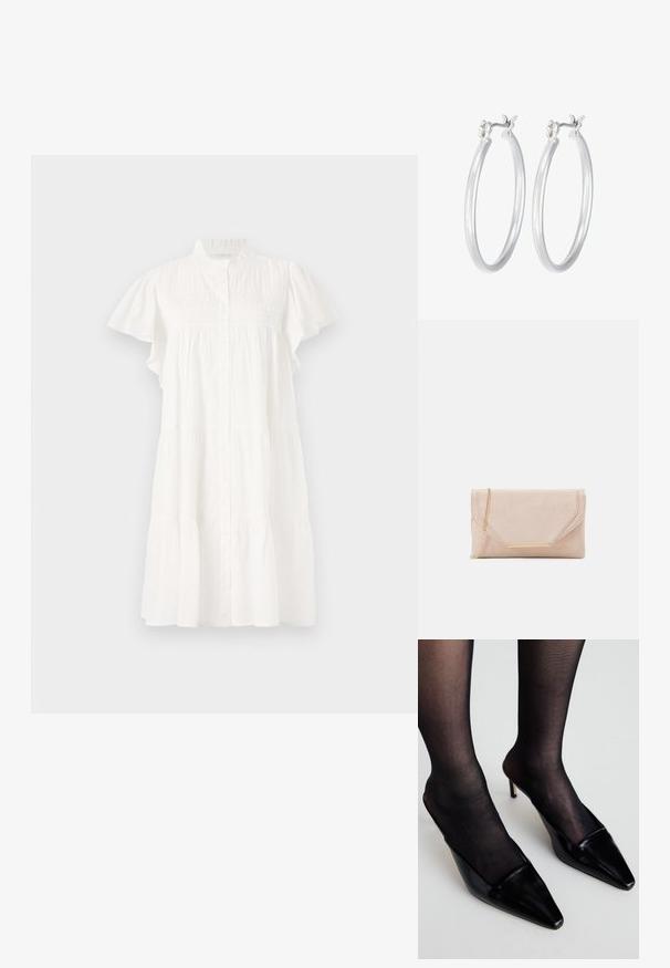 Bela bombažna obleka s ovratnikom, kratkimi nabrano rukavi, zapiranjem na gumbe in večstopenjskim dizajnom. Ima subtilne nabrane detajle na telesu.; Črne patentne mule s koničastim nosom in nizko obrobo. Imajo tanek peti in so kombinirane s črnimi prozornimi nogavicami.; Bež mul svinčnik s zlatim verižnim ročajem in pravokotnim okrasnim detajlom. Ima preklopni pokrov z naklonskimi robovi in podrobnostmi šivanja.; Srebrni obroči za ušesa z gladko, polirano površino. Okrogla oblika in varna zaponka s klikom. Lahka zasnova, primerna za vsakodnevno nošenje.