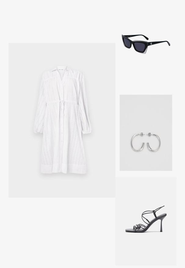 Bela obleka z dolgimi rokavi, ki ima sprednje gumbe, pas za zavezovanje, vzorec s pikastimi luknjicami in naborke na rokavih. Gladko teksturo z sproščenim krojem.; Črne visoke sandale na peto imajo tanke naramnice z vozlom, gladek kvadratni toe in eleganten stiletto peto.; Črne prevelike sončne očala geometrijske oblike, z temnimi lečami in kontrastno sivo podrobnostjo na okvirju. Logo na ročaju.; Srebrne obročaste uhane z gladko, sijočo površino. Zaobljena oblika, lahka zasnova, z zapiranjem na zatič.