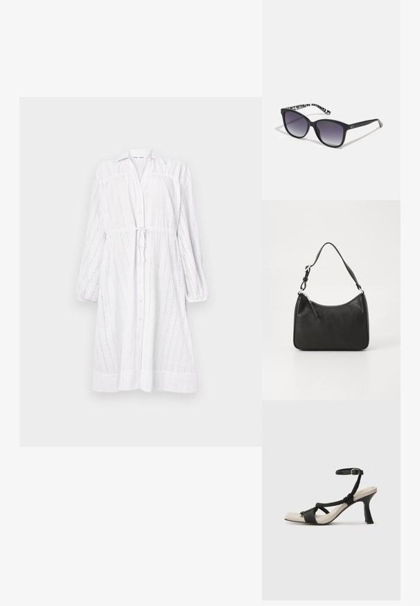 Abito bianco a maniche lunghe con chiusura a bottoni sul davanti, cintura annodata in vita, motivo ad occhio di pernice e maniche gathers. Tessuto morbido con vestibilità rilassata.; Sandal con tacco nero e design con cinturino intrecciato, punta quadrata e cinturino alla caviglia regolabile. Soletta beige chiaro con tacco nero lucido.; Occhiali da sole neri con lenti sfumate, forma quadrata e un'asta con un motivo testurizzato bianco e nero. Presentano un accento del logo in argento.; Borsa a tracolla in pelle nera con forma curva, una tracolla singola, chiusura con zip e marchio discreto sul fronte. Texture liscia, design minimalista.
