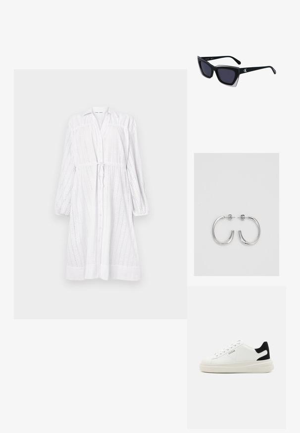 Balta garām piedurknēm kleita ar pogu priekšpusi, saistīšanu viduklī, acs rakstu un sarcinātām piedurknēm. Gluda tekstūra ar brīvu piegriezumu.; Baltas ādas sporta apavi ar biezu balto zoli, melna zamša uzpura un izspiestais logotips sānos. Šņorējuma dizains ar sešiem acu caurumiem.; Melni pārmēru saulesbrilles ar ģeometrisku formu, kas aprīkotas ar tumšiem stikliem un kontrastējošu pelēku akcentu uz rāmja. Logo uz kājas.; Sudraba stīpas auskari ar gludu, spīdīgu virsmu, izceļas ar izliektaveida formu un aizdari ar tapu. Minimālistisks dizains ar mūsdienīgu apdari.