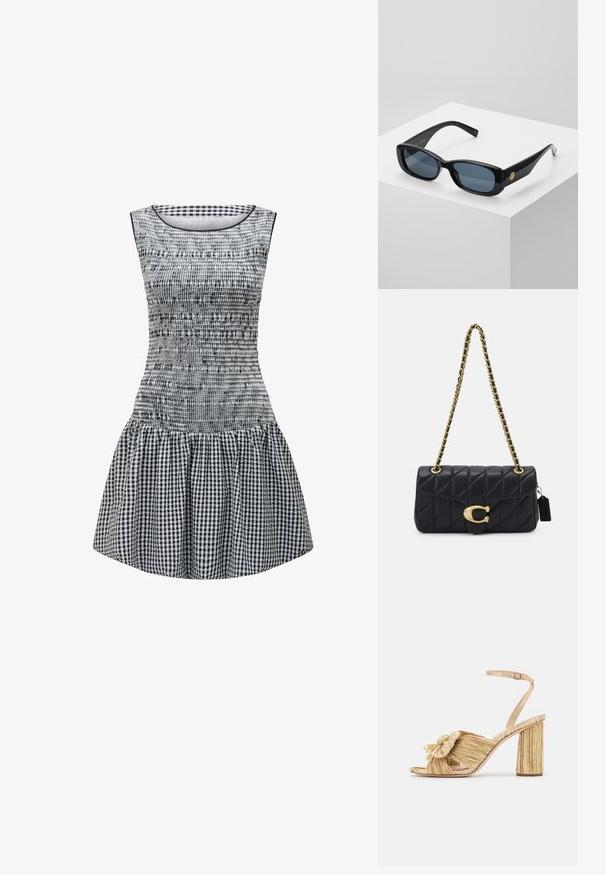 Fekete-fehér kockás ruha, alakra szabott felsőrésszel, smockolt textúrával és bő szoknyával. Egyszerű kerek nyakkivágás és ujjatlan kialakítás.; Arany sarkú szandálok, elől megkötve, pliszírozott textúrával és boka pánttal. A blokksarok bordázott mintázattal rendelkezik, amely javítja a tapadást.; Fekete, téglalap alakú napszemüveg kék árnyalatú lencsékkel, vastag kerettel és arany kör alakú díszítéssel az oldalon. Simaságot és fényességet sugárzó külső.; Fekete steppelt táska arany lánc pánttal, jellegzetes arany zár mellett és egy kis címkével, amely textúrált bőrfelületet mutat be.