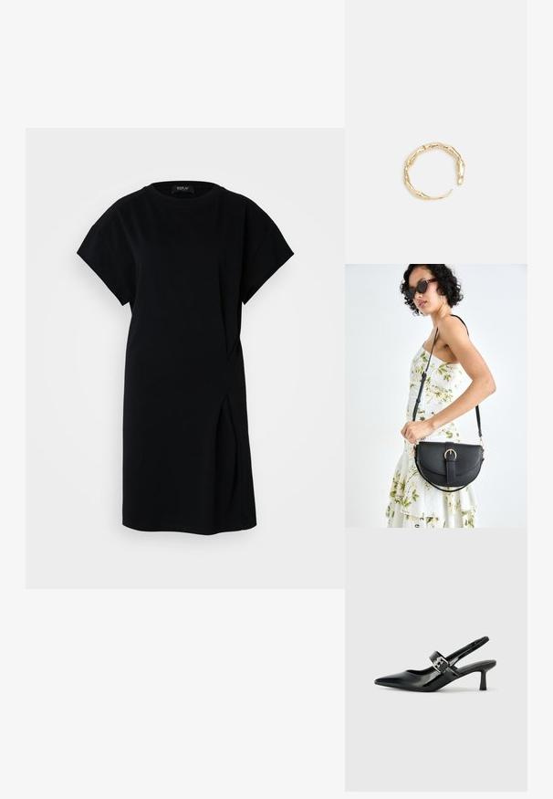 Replay Jerseykleid - black; Schwarze Lackleder Slingback-Absätze mit spitzem Zeh und kleinem Blockabsatz, ausgestattet mit einem silbernen Schnallenakzent am Riemen.; Schwarze Lederhandtasche mit geschwungener Form, abnehmbarem Tragegurt und goldenen Beschlägen. Die Tasche verfügt über einen Deckel mit einer Schnallen-Details.; Goldfarbener Ring mit einem organischen, gedrehten Design, glatter Oberfläche und sich verjüngenden Enden, was ein modernes, skulpturales Erscheinungsbild erzeugt.
