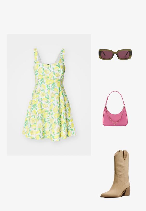 Ärmelloses Kleid mit Zitronenmuster aus leichtem Stoff, das einen schwingenden Rock und einen weißen Hintergrund mit grünen Blättern und gelben Zitronen aufweist.; Bershka HIGH-HEEL - Cowboy-/Bikerboot - beige; Rechteckige Sonnenbrille mit einem olivgrünen Rahmen und tiefrosafarbenen Gläsern. Der Rahmen hat eine glänzende Oberfläche, während die Bügel schlank und gerade sind.; Rosa synthetische Schultertasche mit geschwungener Form, glatter Textur, abnehmbarem Kettenriemen und einem runden Logodetail auf der Vorderseite.