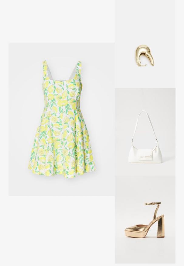 Robe sans manches à motif citron en tissu léger, avec une jupe évasée et un fond blanc orné de feuilles vertes et de citrons jaunes.; Chaussures à plateforme métalliques dorées avec un bout pointu, une bride à la cheville et un talon bloc. Design élégant avec une texture lisse et brillante.; Sac à main synthétique blanc en forme triangulaire, avec un rabat avant plat et un détail en nœud, une bandoulière ajustable, une texture lisse et un design minimaliste.; Boucle d'oreille en métal doré avec un design élégant et courbé. Présente une forme conique distinctive, une surface polie et une fermeture à charnière.