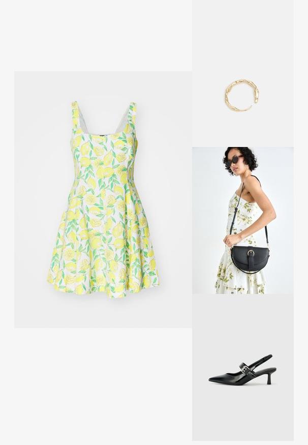 Geltonų citrinų raštuotas be rankovių suknelė, pagaminta iš lengvos medžiagos, turinti platų sijoną ir baltą foną su žaliais lapais bei geltonomis citrinomis.; Juodai lakuoti slingback aukštakulniai su smailiu kojų pirštu ir mažais blokiniais kulniukais, su sidabro sagtimi ant dirželio.; Juodas odinis krepšys su išlenkta forma, nuimamu dirželiu ir auksiniais detalėmis. Krepšys turi kilpą su sagtimi.; Auksinės spalvos žiedas, turintis organišką, sukimosi dizainą su lygiu paviršiumi ir siaurėjančiais galais, sukuriantis modernią skulptūrinę išvaizdą.