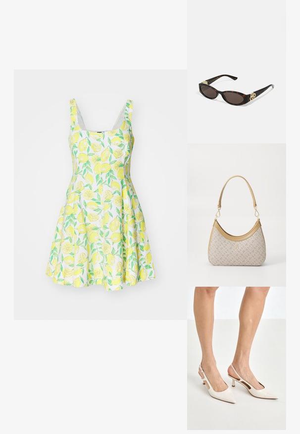 Ærmeløs kjole med citronmønster lavet af let stof, med en svajende nederdel og en hvid baggrund med grønne blade og gule citroner.; Beige patenterede læder slingback hæle med spids tå og 5 cm hæl, med udskårne sider og en tynd ankelrem.; Skildpaddemønster solbriller med aflange ovale linser, brun farve, guldlogo accenter på stængerne og slanke sorte arme.; Beige mønsteret taske med en buet form, læderdetaljer og et guldtonet logo på fronten. Har et kort håndtag for nem bæring.