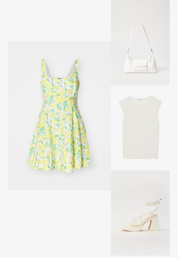 Robe sans manches à motif citron en tissu léger, avec une jupe évasée et un fond blanc orné de feuilles vertes et de citrons jaunes.; Haut sans manches blanc avec un col rond. Fabriqué en tissu lisse, il présente une coupe décontractée et un design minimaliste. Pas de motifs ni d'accents.; Sandale blanche à talons hauts avec un talon épais, présentant un design à lanières et un lien autour de la cheville. Texture lisse avec une plateforme à l'avant pour une hauteur supplémentaire.; Sac à main synthétique blanc en forme triangulaire, avec un rabat avant plat et un détail en nœud, une bandoulière ajustable, une texture lisse et un design minimaliste.