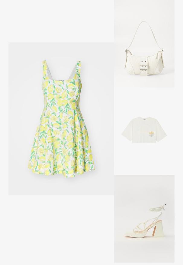 Rochie fără mâneci cu model de lămâi, realizată dintr-un material ușor, având o fustă evazată și un fundal alb cu frunze verzi și lămâi galbene.; Tricou alb scurt din bumbac, cu mâneci scurte, având un grafic cu palmier galben și val albastru pe partea stângă a pieptului.; Sandale albe cu toc înalt și gros, cu un design cu curele și legătură la gleznă. Textură netedă, cu o platformă frontală pentru înălțime suplimentară.; Geantă albă de umăr cu un finisaj texturat, un accent cu cataramă centrală și o formă curbată. Încărcătoare cu fermoar pe ambele laturi.