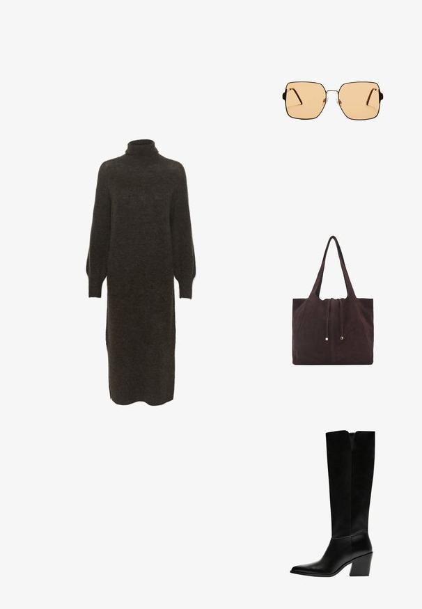 Strickkleid in Dunkelbraun mit hohem Rollkragen, langen Ballonärmeln und seitlichen Schlitzen für mehr Bewegungsfreiheit. Weicher Wolltextur.; Schwarze kniehohe Stiefel aus glattem Leder, mit spitzem Schuhbund, einem Blockabsatz und einem V-förmigen Ausschnitt an der Oberseite.; Quadratische Sonnenbrillen mit braunen Gläsern und einem dünnen schwarzen Metallrahmen. Verfügt über schräg gestaltete Bügel und verstellbare Nasenpads für zusätzlichen Komfort.; Mango Shopping Bag - dark brown