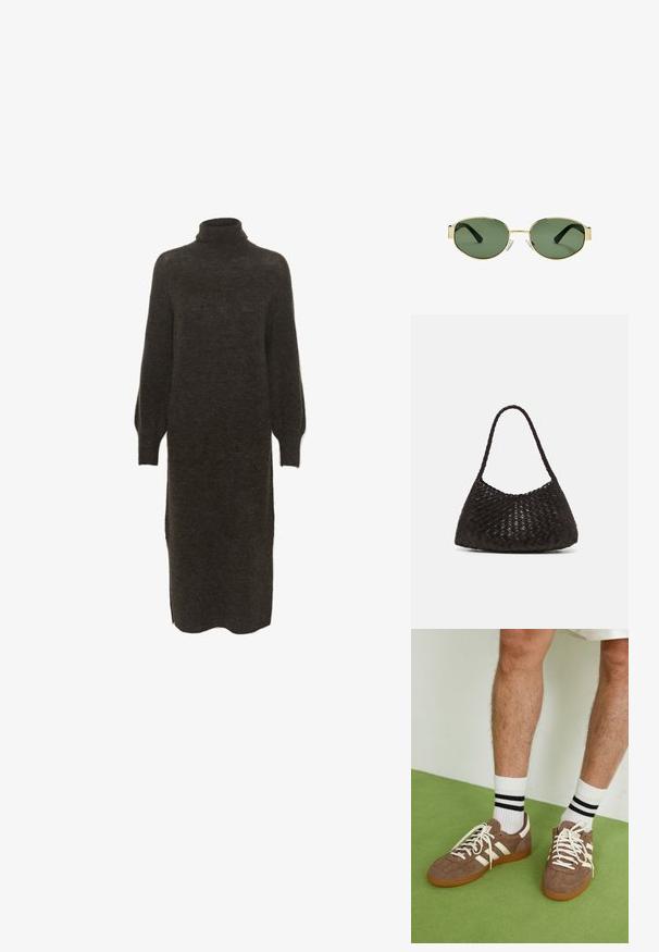 Pletena obleka v temno rjavi barvi, z visokim ovratnikom, dolgimi balonastimi rokavi in stranskimi razpoki za lažje gibanje. Mehka volnena tekstura.; Rjavi semiš športni čevlji z belimi detajli in vezalkami. Gumijast podplat. Nošeni z belimi nogavicami z črnimi črtami. Zelena teksturirana talna obloga.; Očala z zlatim kovinskim okvirjem, zelenimi lečami, ovalne oblike, črnimi uhani in prozornimi nosnimi blazinicami. Čist, minimalističen dizajn.; DRAGON DIFFUSION ROSANNA - Torbica - dark brown
