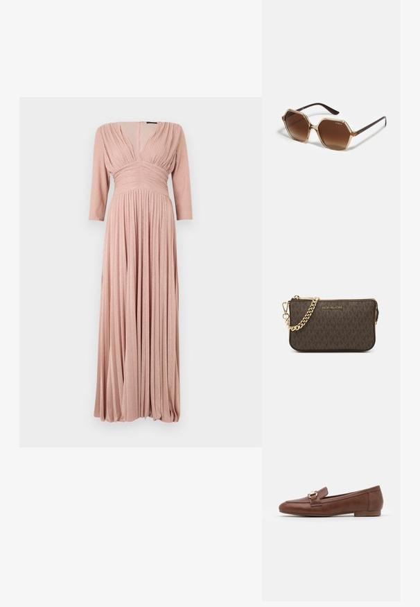 Maxi dress in soft pink fabric with a subtle shimmer, featuring 3/4 sleeves, pleated bodice, and flowing pleated skirt.; Brown leather loafers with a flat sole, a stitched design, and a gold-tone buckle detail on the strap across the vamp.; Hexagonal sunglasses with brown gradient lenses, transparent beige frame, and dark brown arms. Features "vogue" branding on the side.; Brown leather crossbody bag with logo pattern, gold chain strap, zipper closure, and gold hardware accents. Compact and rectangular shape.