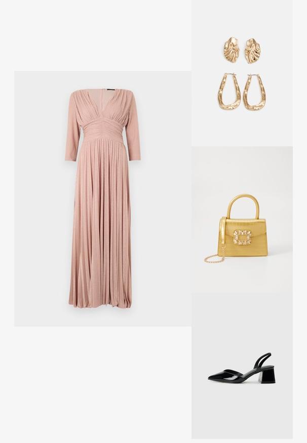 Maxi dress in soft pink fabric with a subtle shimmer, featuring 3/4 sleeves, pleated bodice, and flowing pleated skirt.; Black patent leather slingback heels with a pointed toe and a geometric block heel. Features a sleek, minimal design and smooth texture.; Yellow faux-crocodile handbag with a structured design, top handle, detachable chain strap, and decorative crystal embellishment on the clasp.; Gold-tone earrings featuring textured, wavy shapes. Includes sculptural clip-on studs and open hoop design with a hammered finish.