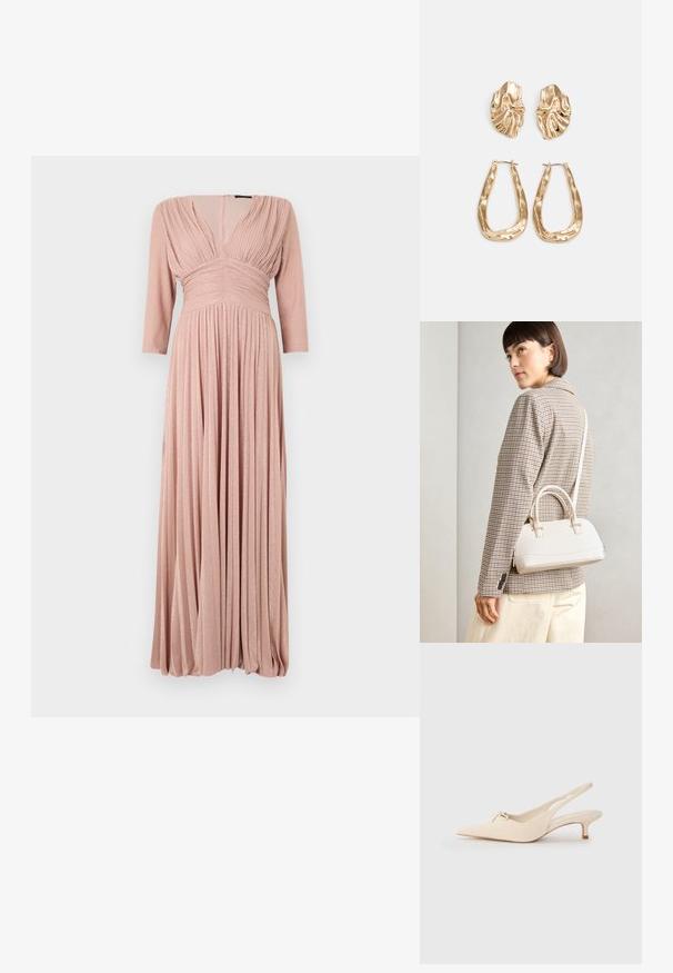 Maksīvkleita maigi rozā audumā ar smalku mirdzumu, ar 3/4 piedurknēm, krokotu korpusu un plūstošu krokotu svārku.; Norādīta pirksta slingback apavi off-white ādas, ar mazu loku detaļu un zemu kitten papēdi. Gluda tekstūra, minimālistisks dizains.; Balta strukturēta roku soma ar īsām rokturiem un plecu siksnu, ar zelta aparatūras akcentiem un strukturētu materiālu, izstādīta uz pelēka fona.; Zelta krāsas auskari ar teksturētām, viļņotām formām. Iekļauts skulpturāls piespraužams modelis un atvērta gredzenveida konstrukcija ar izsistām virsmām.