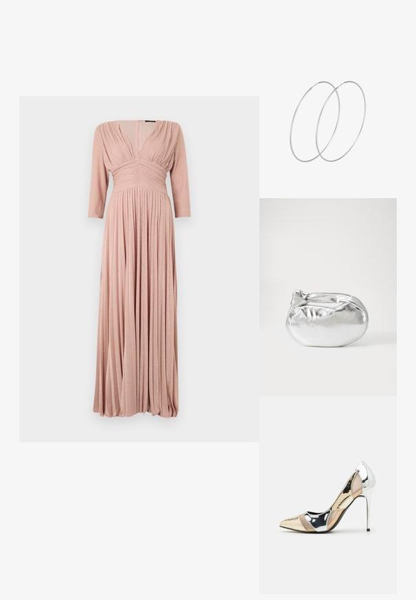 Maksimalna haljina od mekog ružičastog tkanja s suptilnim sjajem, s 3/4 rukavima, nabranim bodicem i lepršavom nabranom suknjom.; Cipele s visokom potpeticom i špicastim vrhom u srebrnoj, zlatnoj i nude boji. Sjajan finiš s izrezbarenim dizajnom, s potpeticom u obliku stiletto.; Srebrna metalik torbica s mekim, zaobljenim oblikom i čvorastim zatvaranjem na vrhu. Izrađena od glatke sintetičke kože.; Srebrne okrugle naušnice s minimalističkim dizajnom. Kružni oblik, glatka tekstura i tanak profil. Lagane s poliranim završetkom.