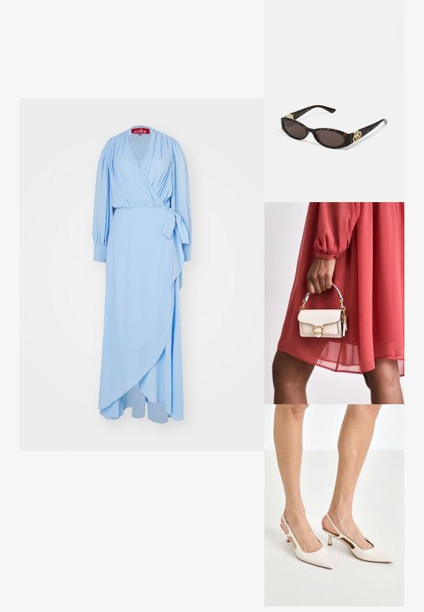 Cras LOGAN DRESS - Oblačila za posebne priložnosti - dutch blue; Bež lakirane usnjene čevlje na peto s koničastim nosom in 5 cm visokim peto, ki imata izrezane stranice in tanko zanko okoli gležnja.; Kornjačaste sunčane naočale s izduženim ovalnim lećama, smeškim tonovima, zlatnim logotipom na drškama i elegantnim crnim rukohvatima.; Bela usnjena torbica pravokotne oblike z zlatimi dodatki in kratkim verižnim ročajem, ki jo drži roka in jo dopolnjuje rdeča obleka.