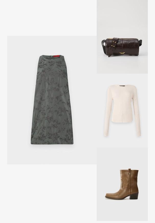 Ujjatlan szürke ruha virágmintás hímzéssel, kerek nyakkivágással és hátul záródó cipzárral. Simább textúra és térdhez érő szegély.; Hosszú ujjú, világos bézs blúz kerek nyakkivágással. Puha anyagból készült, középső varrással és enyhén ívelt szegéllyel rendelkezik. Nincs rajta látható fémrész.; Barna bőrből készült bokacsizma négyzet alakú orral, texturált felülettel és alacsony, rakott sarkával. Hátsó húzófüllel és finom varrási részletekkel rendelkezik.; Barna krokodilbőr hatású bőr táska henger alakú, arany tónusú fémveretekkel és lecsatolható, szegecsekkel díszített pánttal.