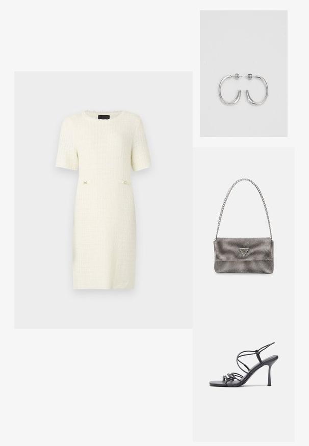 Lühikeste varrukatega valge tekstuuriga kleit ruudukujulise mustriga, millel on kaks väikest kuldse tooni aktsenti taljejoonel. Ümmargune kaelus.; Mustad musta värvi kontsandaalid on varustatud peente rihmadega, millel on sõlmekujundus, siledad ruudukujulised varbad ja stiilne stilettokonts.; Helehall metallik handbags, millel on kett, kaunistatud väikeste ümmarguste metallist õmblustega ja kolmnurkse brändi logoga.; Hõbedased rõngaskõrvarõngad, millel on sile ja läikiv pind. Ümar kuju, kerge disain, millel on post-tagumise kinnituse süsteem.