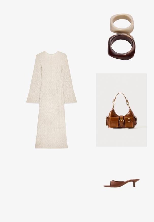 Lång, krämfärgad klänning med texturerad tyg, rund halsringning och utställda ärmar. Enkel, rak silhuett utan synliga knäppningar.; Bruna öppna klackmules med en slät, matt yta, med en kurvad design och en genomskinlig, avsmalnande klack.; Brun läderhandväska med en rundad form, dubbla detaljer i gyllene ton, två framfickor och ett brett band. Slät textur med en elegant finish.; Stradivarius SET - Armband - dark brown
