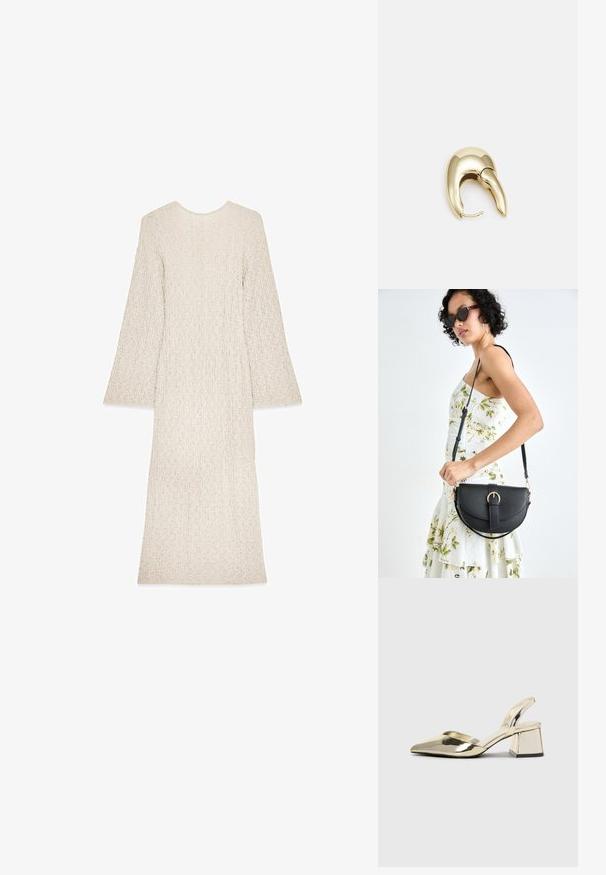 Długa, kremowa sukienka z teksturowanej tkaniny, okrągłym dekoltem i rozkloszowanymi rękawami. Prosta, prosta sylwetka bez widocznych zapięć.; Złote, metaliczne szpilki z boku z wydłużonym noskiem i grubym obcasem. Gładka faktura, minimalistyczny design i wąski pasek.; Czarna skórzana torebka o zakrzywionym kształcie, z odpinanym paskiem i złotymi akcentami. Torebka posiada klapę z zapięciem w kształcie klamry.; Złote metalowe kolczyki o eleganckim, zakrzywionym kształcie. Posiadają charakterystyczny szpiczasty kształt, polerowaną powierzchnię oraz zapięcie na zawias.