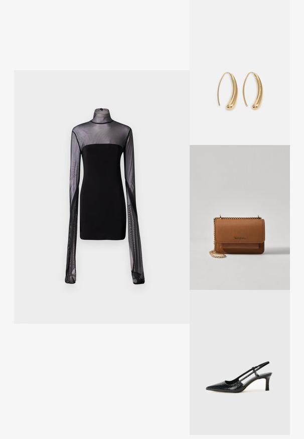 Norma Kamali RIBBON SLEEVE TURTLE NECK  - Koktajl obleka/za zabavo - black; Črne lakaste slingback pete s koničastim nosom, ki imajo teksturiran vzorec kačje kože, nastavljiv trak in kratek teksturiran blok peto.; Rjava teksturirana usnjena torba čez ramo z zlatim verižnim trakom in zapiranjem na pokrov. Spredaj je vidna podrobnost logotipa in žep pod pokrovom.; Zlato-tonirani kovinski uhani v obliki obroča s krivuljo in podolgovato obliko. Imajo gladko, sijočo površino in zaobljen vrh za dodaten detajl.