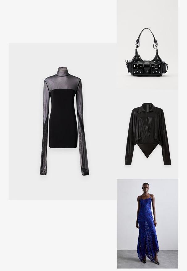 Norma Kamali RIBBON SLEEVE TURTLE NECK - Kokteilinė suknelė / vakarėlių suknelė - black; Juodas bodžiukas su ilgomis rankovėmis, V formos iškirpte ir prigludusia siluetu. Pagamintas iš blizgaus, lygaus audinio su struktūrizuotu apykakle ir rankogaliais.; Mėlynas ir purpurinis gyvūnų rašto ilgas suknelė su plonomis petnešomis, prigludusia krūtinės dalimi, plačiu apvadu ir permatomais akcentais.; Juodas odinis rankinukas su kreiviu dizainu, su sidabro spalvos knopkėmis, užsegimu ir dviem šoninėmis kišenėmis. Reguliuojama dirželis nešimui.