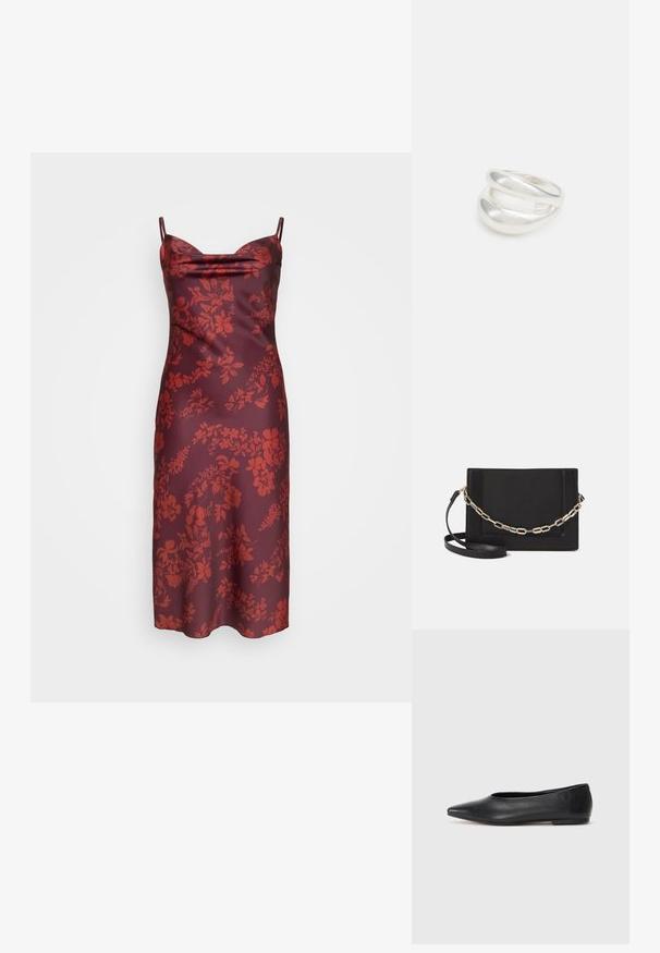 Röd blommig slipklänning i satintyg, med tunna axelband, en cowl-halsringning och en figurnära silhuett. Slät textur med medellång längd.; Svart läderballetflat, spetsig tå, minimalistisk design, slät textur, låg klack, ingen synlig hårdvara eller utsmyckningar.; Svart läder crossbody-väska med en slät yta, rektangulär form och metallickedjedetalj på framsidan. Justerbar rem ingår.; Silver ring med dubbel band och en slät, polerad yta. Har en flödande, böjd design med överlappande sektioner för en modern stil.