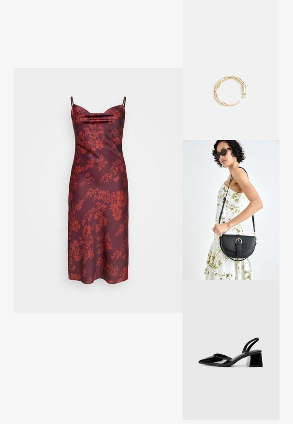 Sarkanais ziedu raksts slip kleita no satīna auduma, ar plānām siksnām, cowl tipa kaklu un pieguļošu siluetu. Gluda tekstūra un vidēja garuma griezums.; Melna lakota āda ar atvērto papēdi, ar smailu purngalu un ģeometrisku blokpapēdi. Iezīmējas elegants, minimāls dizains un gluda tekstūra.; Melnas ādas rokassoma ar izliekta formu, noņemamu siksnu un zelta aksesuāriem. Somai ir vāciņš ar sprādzes detaļu.; Zelta toņa gredzens ar organisku, vērptu dizainu, gludu virsmu un sašaurinātiem galiem, radot mūsdienīgu, skulpturālu izskatu.